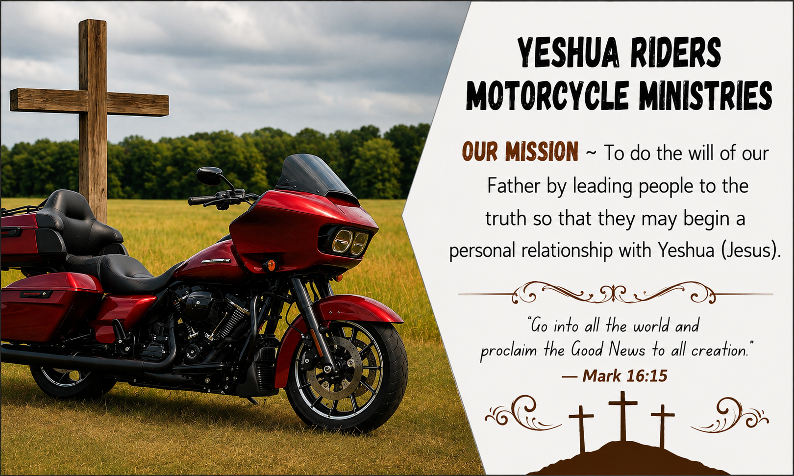 Yeshua Riders Motorcycle Ministries mission banner with a red touring motorcycle, wooden cross, mission statement, and Mark 16:15